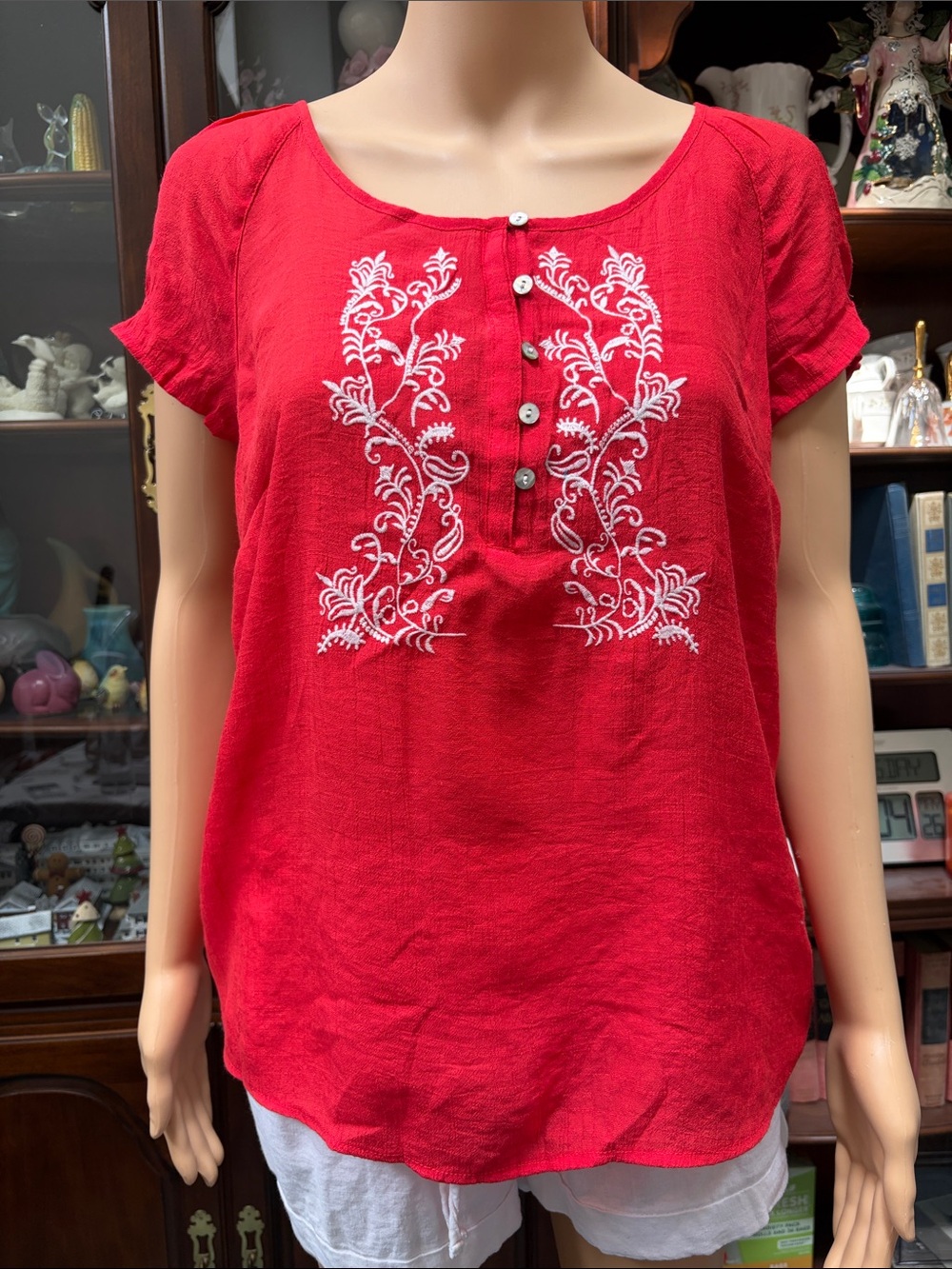 Red Short-Sleeve Embroidered Button-Front Blouse